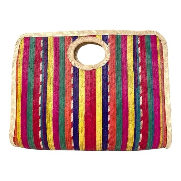 Rainbow Striped Structured Straw Top Handle Bag - Picture 3 of 8